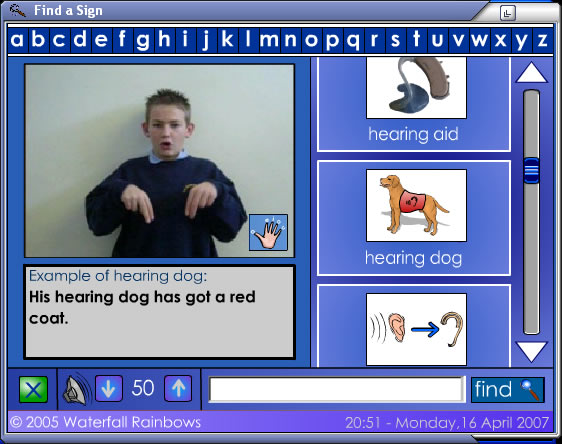 Find a Sign: search interface with video clip and example sentences.